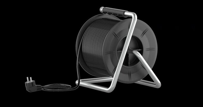 Electrical extension cord reel rotation animation seamlessly loopable. 3D rendering isolated on transparent background