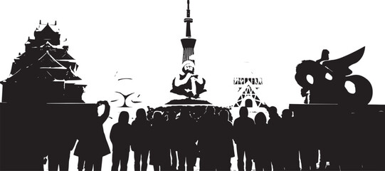 Tokyo skyline with people and iconic landmarks in black silhouette