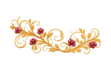 Golden vintage floral scroll ornament with red flowers, a baroque style filigree design element