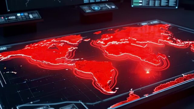 This stunning video features a futuristic digital map representing the world in striking red hues. It highlights key geographical regions, showcasing data interactions and their significance in global