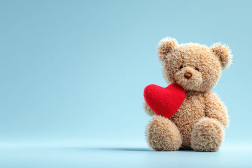 Brown Teddy Bear Holding Red Heart on Blue Background