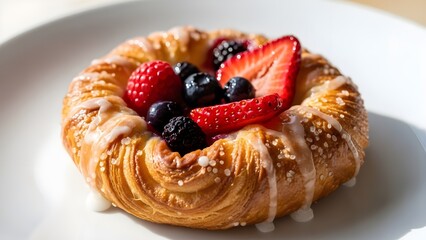 Golden Danish pastry topped with mixed berries, served on a clean white plate.