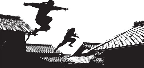 Parkour athletes leaping across rooftops in a dramatic black silhouette
