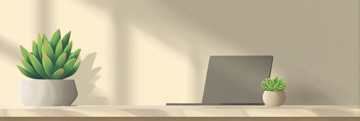 desk mockup template, a wide mockup template with a clean, matte desk surface, a stylized laptop, and a succulent on the right and a neutral-toned wall on the left great for digital illustrations