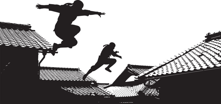 Parkour athletes leaping across rooftops in a dramatic black silhouette