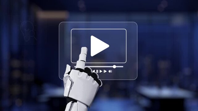 A futuristic robotic hand points at a digital play button surrounded by various media icons, symbolizing the intersection of technology and communication in a modern environment. Synapse