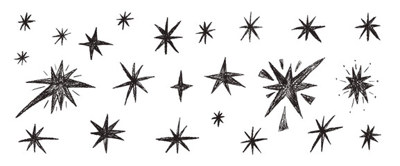 Scribble grunge textured magic crayon stars falling set. Black charcoal or chalk pastel twinkles spark set. Pencil brush scribble star glint collection. Kids starburst sticker blinks. Christmas vector © Syuzann q