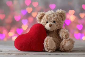 Teddy Bear Holding Red Heart on Wooden Table with Bokeh Hearts