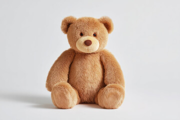 Obraz premium Brown Teddy Bear Sitting on White Background Isolated