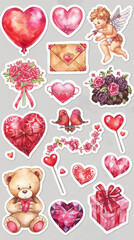 A beautiful collection of Valentine's Day themed stickers including hearts, a cupid, roses, teddy bears, chocolates and balloons