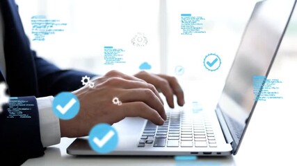 A person types on a laptop while various technological and maintenance-related icons float digitally around the screen.