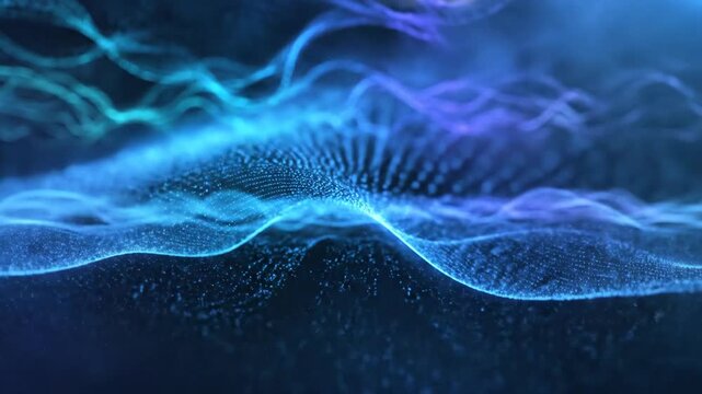 Abstract Blue Wave Terrain Visualizations with Dynamic Digital Patterns.