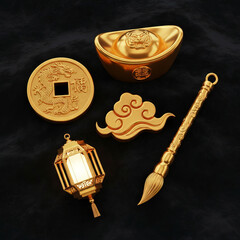 Golden Chinese Fortune Set Featuring Dragon Coin, Ingot, Lantern, Cloud Motif and Brush