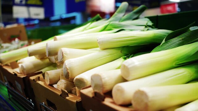 Fresh leeks displayed in a market stall for shoppers to purchase and enjoy in various dishes