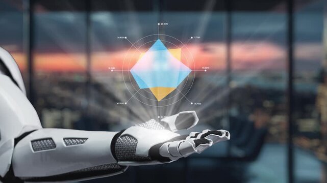 A robotic hand elegantly presents a holographic data visualization amidst a sleek office setup. The background features a stunning city skyline, showcasing innovation. Auvana