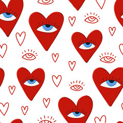 Cute cartoon hearts with eyes seamless pattern, groovy valentine greeting card