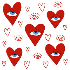 Cute cartoon hearts with eyes cliparts, groovy valentine greeting card