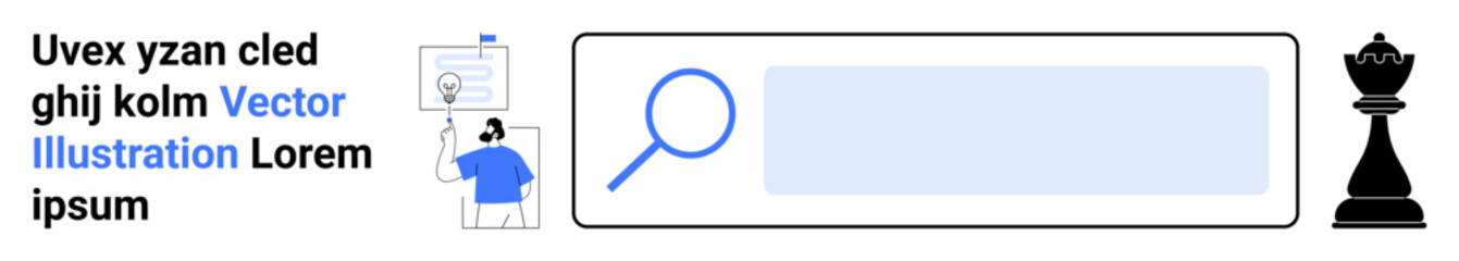 Business strategy, online research, customer support, decision-making, digital tools, teamwork. Magnifying glass in search bar next to agent and chess pawn. Online research and business strategy