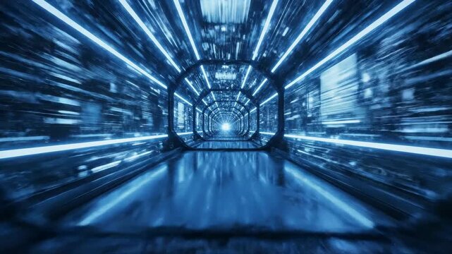 Futuristic blue tunnel corridor with moving lights.
