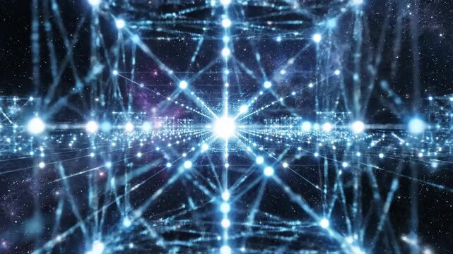Glowing digital network grid lights forming stars.