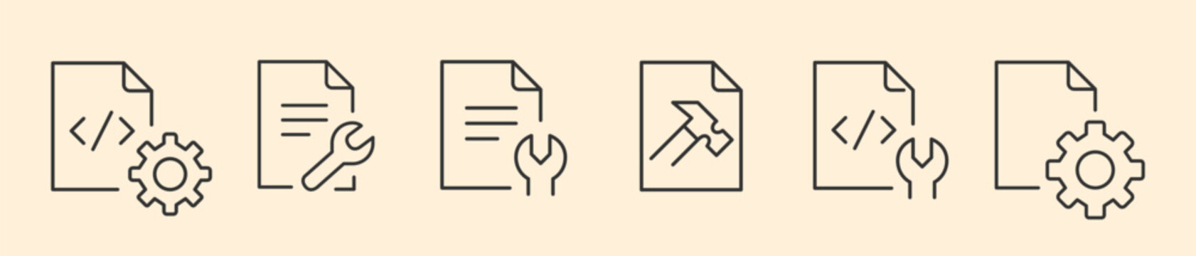 Software Development and Digital Document Maintenance Icon Set, Minimalist Line Art Vector for Programming Code Fix, Technical Manual Repair, Verified System Configuration.