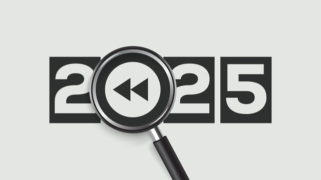 Minimalist black background with bold white "2025" digits in square frames, magnifying glass over zero reveals rewind icon, symbolizing reflection, nostalgia, and looking back in time.
