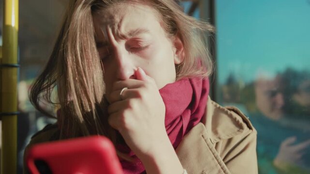 Woman reads distressing note silently, Individuals confront personal pain during daily city transportation routines