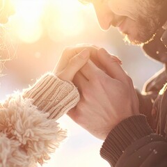 couple touching hands in winter