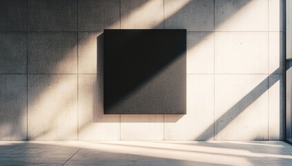 Minimalist interior with textured concrete wall, sunlight and a blank canvas