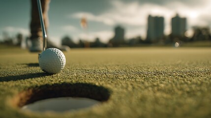 A close-up shot of a golf ball being putted into the hole on a green, with buildings visible