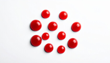 Glossy red liquid drops on white background, minimal abstract