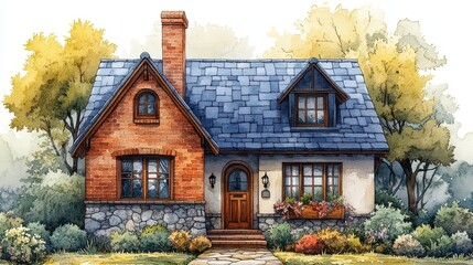 Watercolor drawing of a village house. Sketch in color