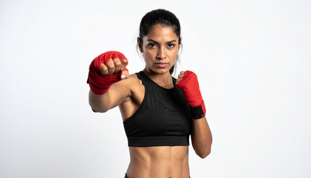 AI generated female boxer throwing punch, studio isolated on white