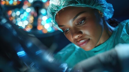 Focused female surgeon performing operation under surgical lights in operating room