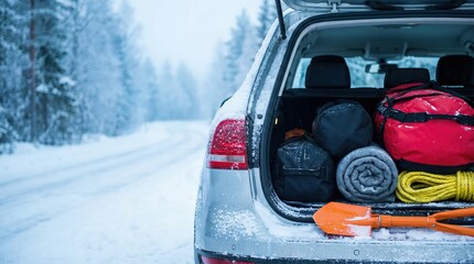 Vehicle trunk filled with emergency supplies, including blankets, shovels, and bags, parked on snowy road, illustrating preparedness for winter travel emergencies.