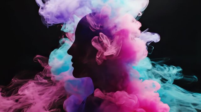 Abstract adult human silhouette emerging from vibrant pink and blue smoke on black. Concept of mind and creativity