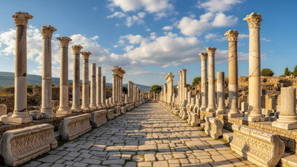 Ancient stone columns and ruins on a paved street under a cloudy sky.