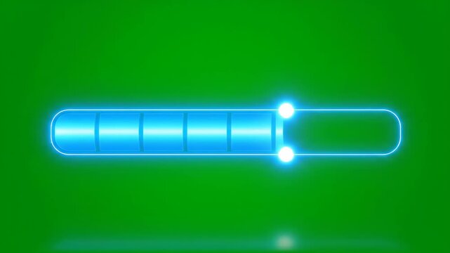 Neon blue loading bars with glowing dots representing a progress indicator. Digital interface element for technology and software development concept.