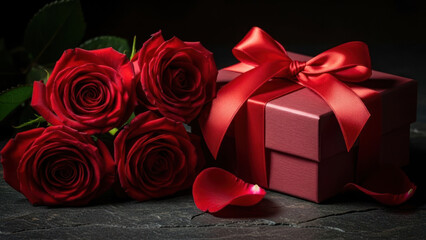 Four red roses and a gift box with a red ribbon on a dark surface.