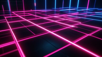 Futuristic scene with neon lights and grid lines in a dark setting showcases technology elements in a 3D space