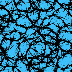 A seamless pattern of swirls of black thorny branches forming an abstract design on a blue background, perfect for your prints on fabrics, wallpaper, and covers.