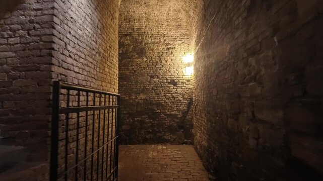 Smooth movement through ancient brick tunnels inside the underground catacombs of Kalemegdan Fortress in Belgrade, Serbia. Historic architecture and mysterious atmosphere beneath the city