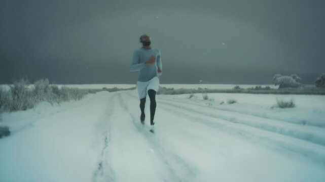 Snowy trail run, Solitary runner persists on icy country path despite harsh weather conditions and falling snow