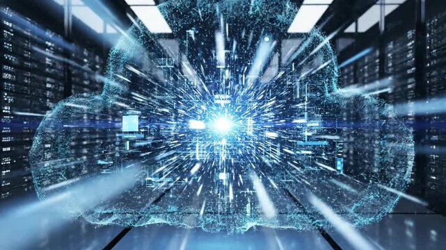 Futuristic data center cloud network visualization.