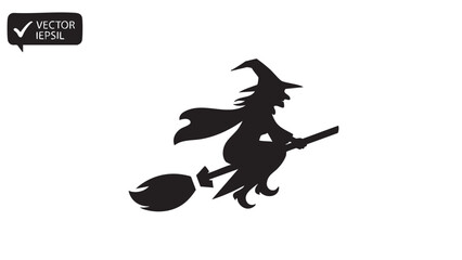 Silhouette of a witch flying on a broomstick against a white background