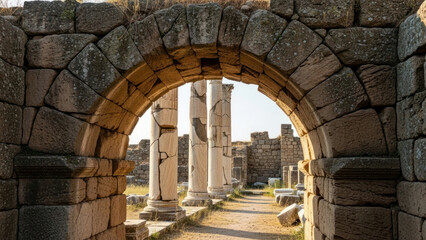 Ancient stone archway leading to ruins of classical columns and structures.
