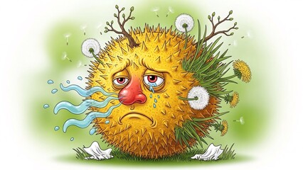 sad pollen character with red nose and watery eyes for medical blogs, healthcare websites, educational posters about hay fever and prevention of seasonal allergies