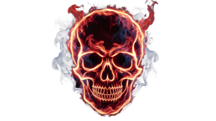 Flaming skull with glowing orange flames on transparent background isolated on transparent background, high quality cutout image