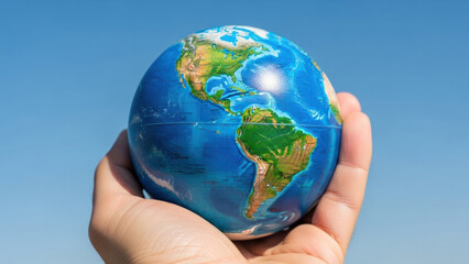 Hand holding a small globe showing the Americas and parts of the Atlantic Ocean.