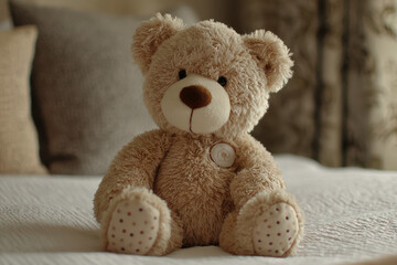 Obraz premium Brown Teddy Bear Sitting on Bed in Bedroom